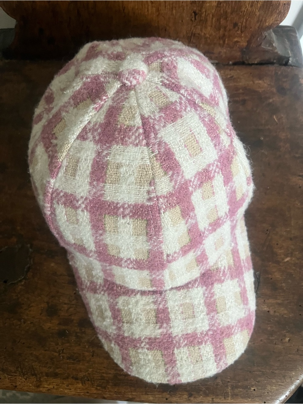 Anthropologie Plaid Wool Blend Baseball Cap in Pink and Cream